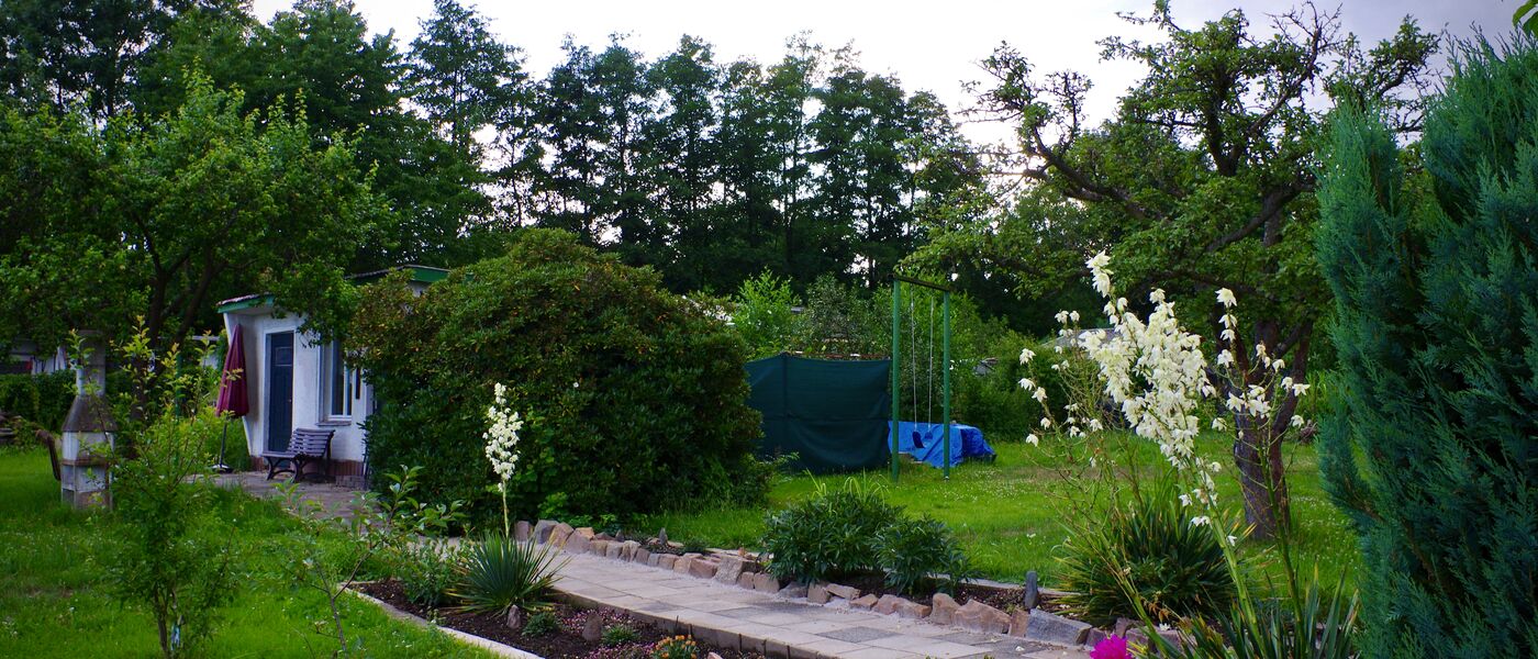Gepflegter Kleingarten mit Beeten, Rasen und Laube